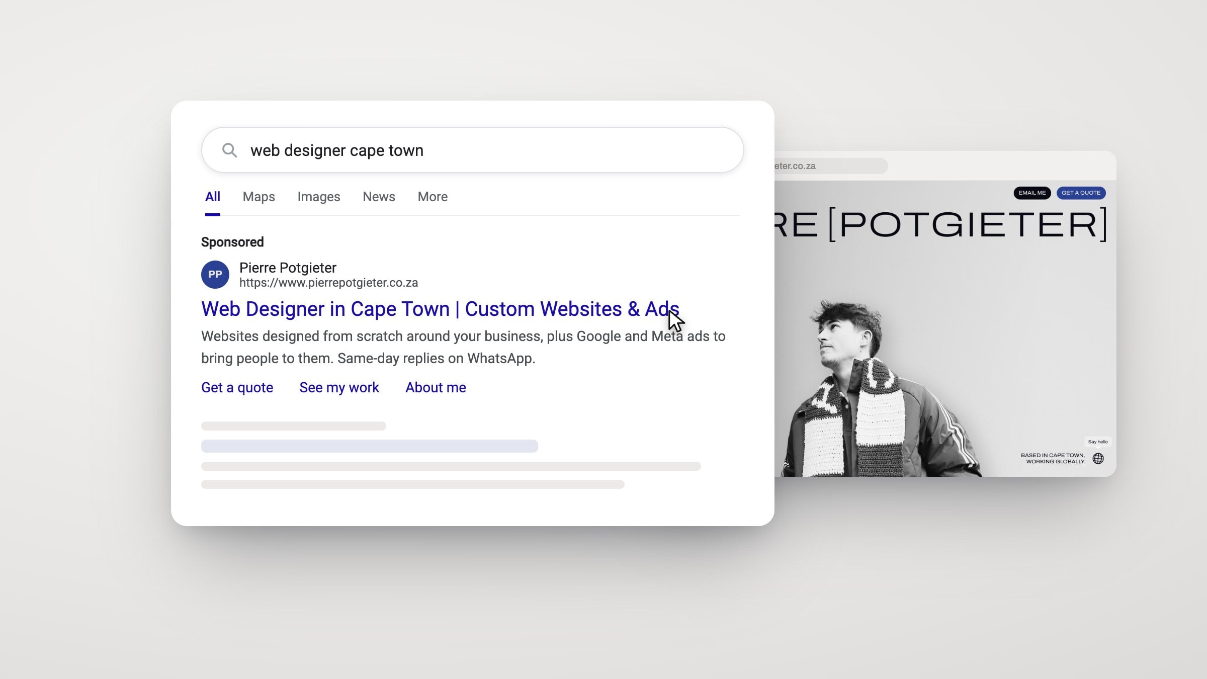 A sponsored search result for Pierre Potgieter, web designer in Cape Town, with his website behind it.