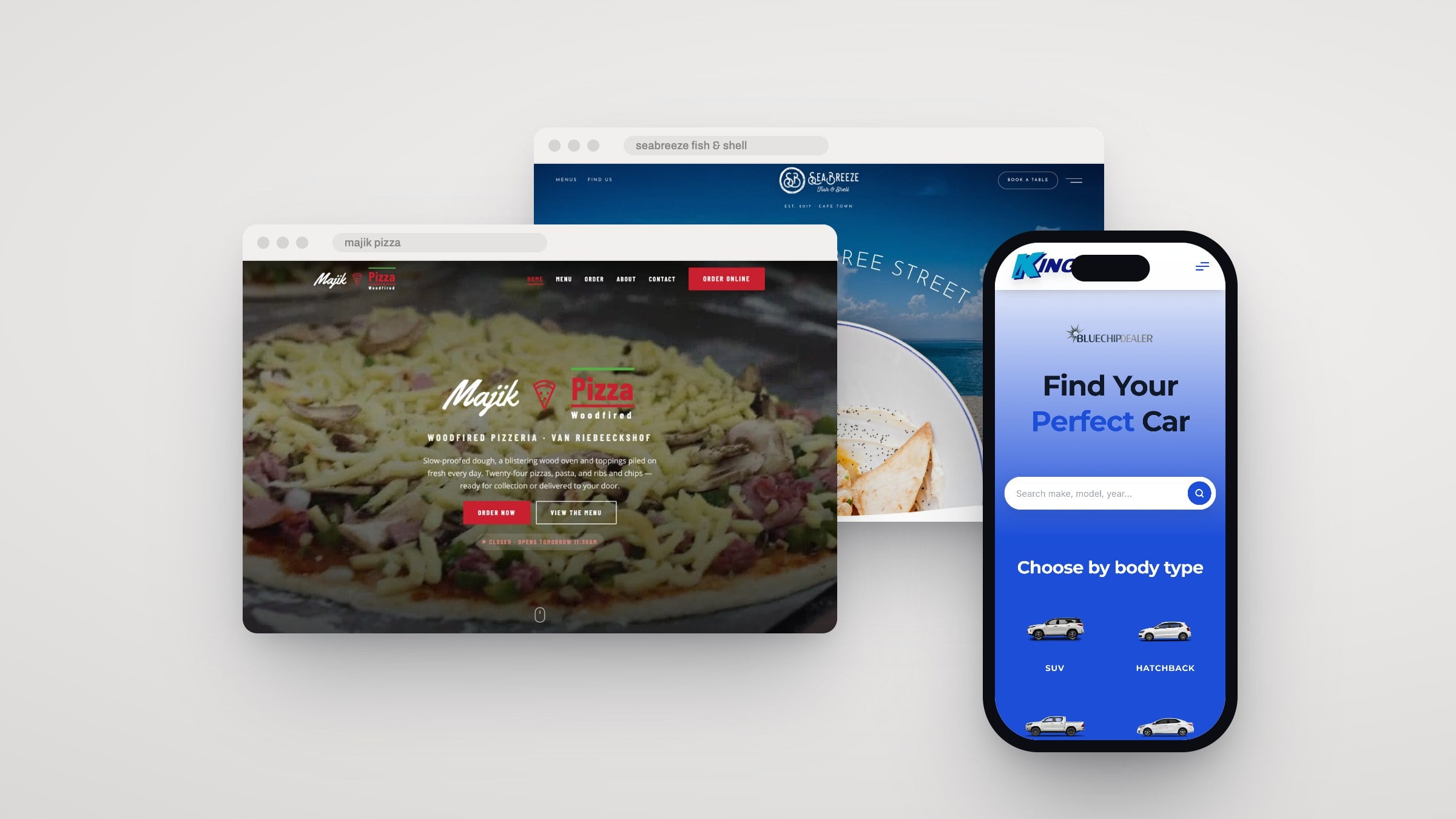 Majik Pizza and SeaBreeze websites in browser windows, with the King Cars site on a phone.